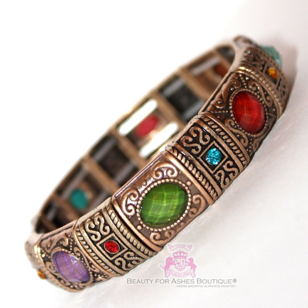 Multi Color Acrylic Burnished Copper Bohemian Morrocan Slim Stretch Bracelet
